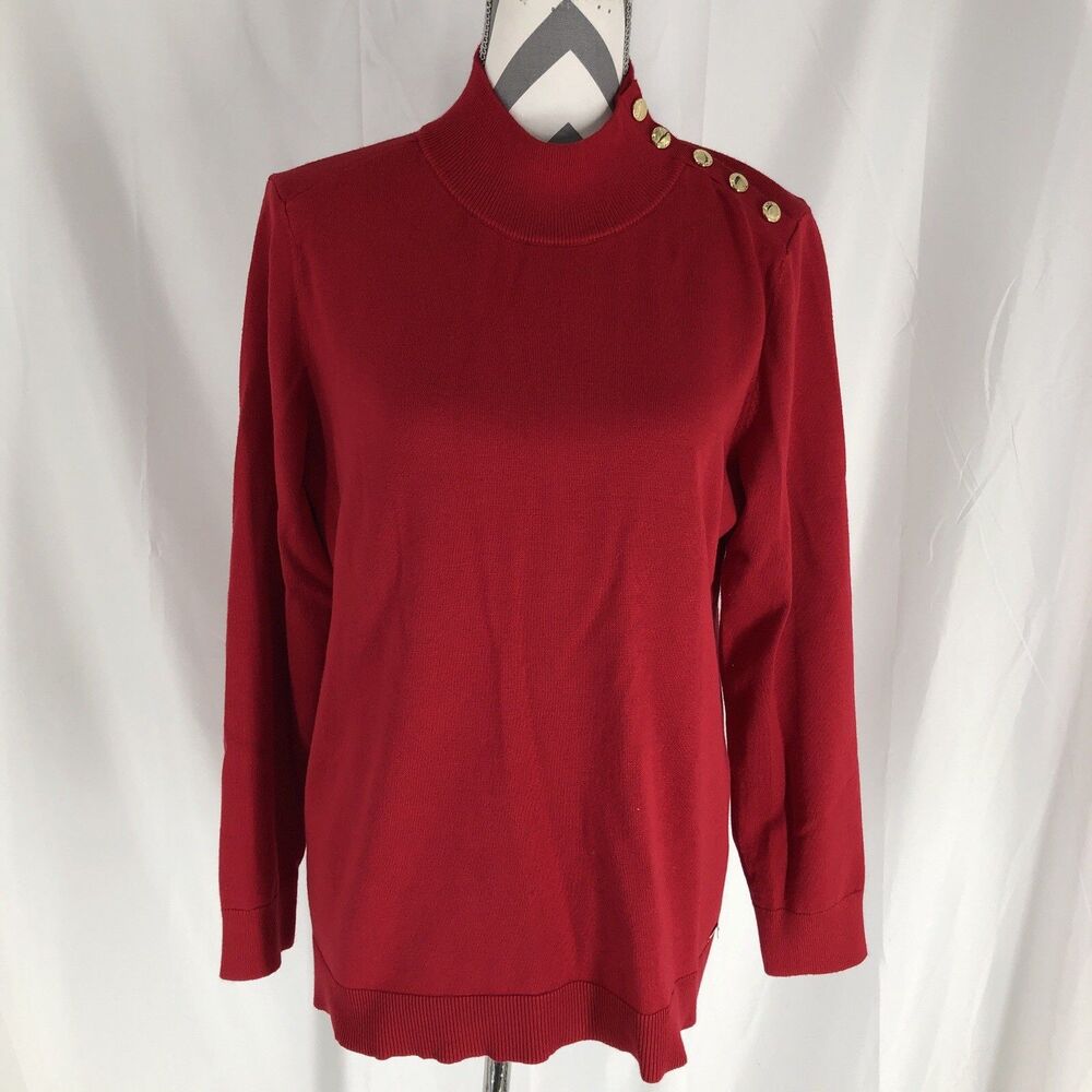 Calvin Klein Women's Red Sweater Gold Button Accents Mock Neck LS Size Large